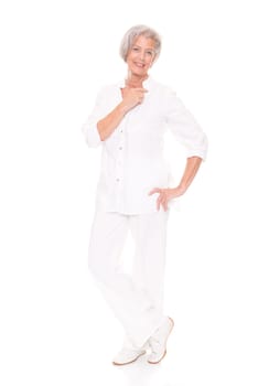 Full length shot of an elderly woman against a white background