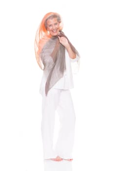 Happy senior woman with a cloth against a white background