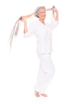 Happy senior woman with a cloth against a white background