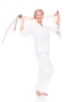 Happy senior woman with a cloth against a white background