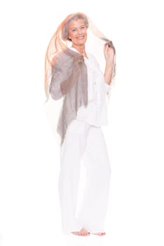 Happy senior woman with a cloth against a white background