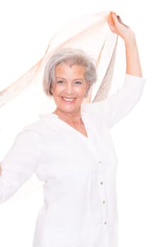 Happy senior woman with a cloth against a white background