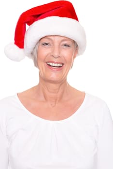 Senior woman with a Santa hat against a white background