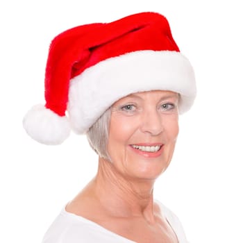 Senior woman with a Santa hat against a white background