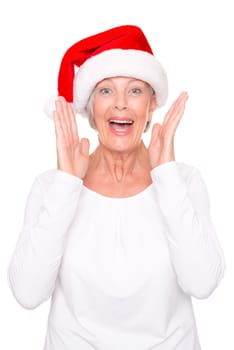 Senior woman with a Santa hat against a white background