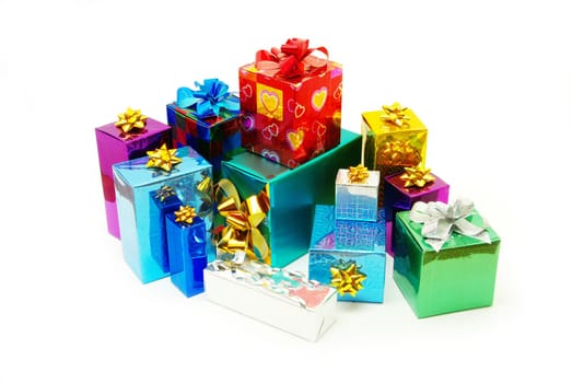 Christmas box gifts with satin bow isolated on white background