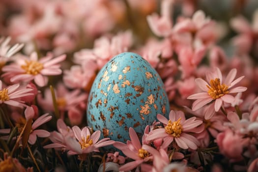 Close-up of decorated Easter blue egg with pink flowers.