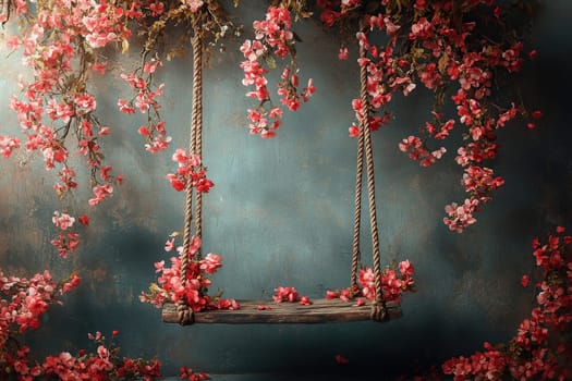 Simple wooden swing with an arch of pink flowers against a grey concrete wall. Spring background