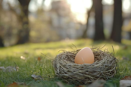 Chicken egg in a nest in a park on the grass on a spring day.