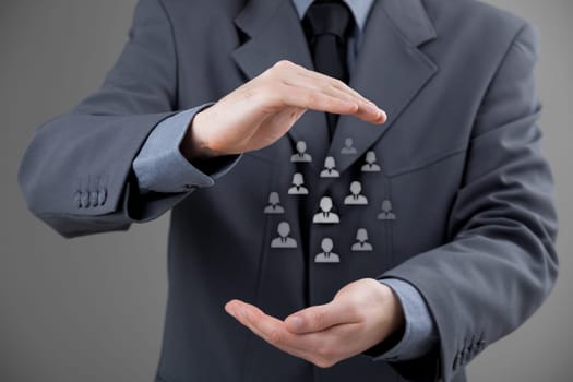 Customer care, care for employees, labor union, life insurance and marketing segmentation concepts. Protecting gesture of businessman or personnel and icons representing group of people.