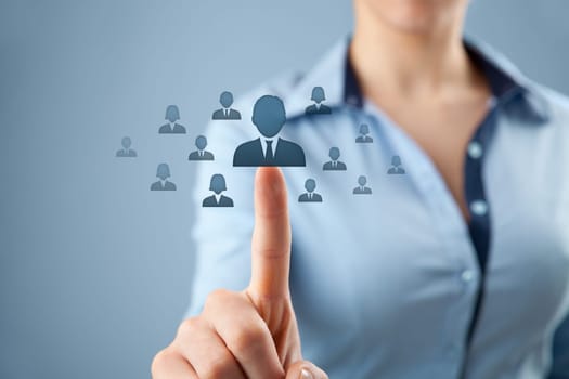 Human resources, CRM and social networking concept - female officer choose person (employee) represented by icon.