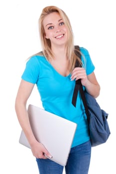 Young caucasian student  girl holding a laptop, isolated on white background - Caucasian people