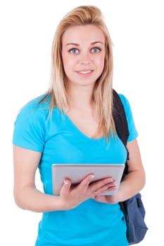 Young caucasian student  girl using a tactile tablet, isolated on white background - Caucasian people