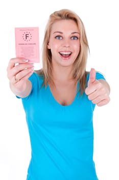 Happy caucasian teenage girl showing her driving license and making thumbs up, isolated on white background - Caucasian people