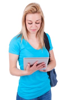 Young caucasian student  girl using a tactile tablet, isolated on white background - Caucasian people