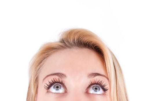 Young  beautiful caucasian  teenage girl looking up, isolated on white background - Caucasian people