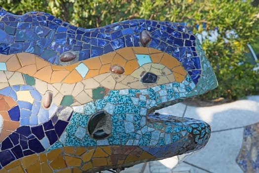 Details of the ceramic dragon fountain at Parc Guell in Barcelona (Catalunya, Spain)