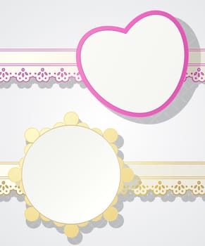 Two decorative empty labels in shapes of heart and sun and assorted paper ribbon.