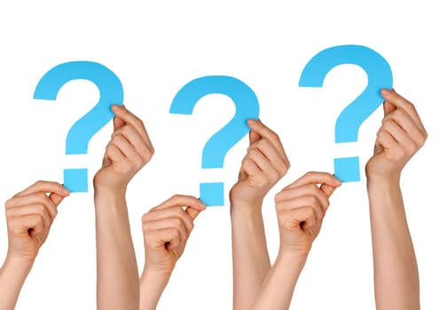 some blue question marks holding by hands, isolated