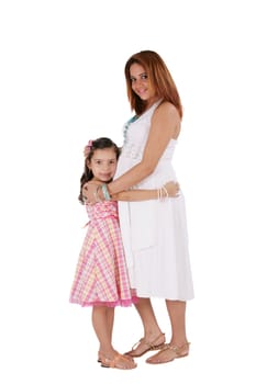 Happy young pregnant woman with little daughter. Focus in the girl.