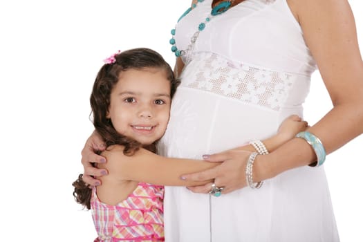 Beautiful pregnant woman with her daughter. Isolated on white background