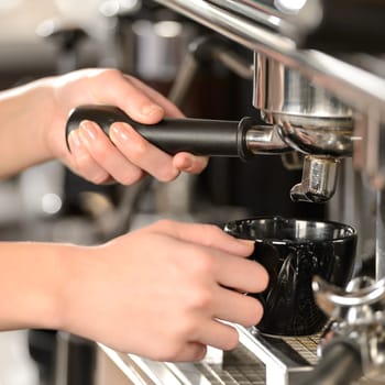 Close up making coffee cappuccino with professional machine