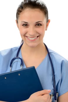 Portrait of young female general practitioner in blue uniform