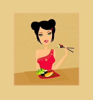 beautiful Asian girl enjoy sushi - menu template