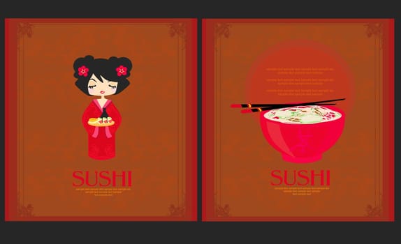 beautiful Asian girl enjoy sushi - menu template