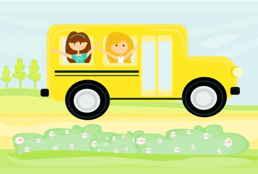 school bus heading to school with happy children