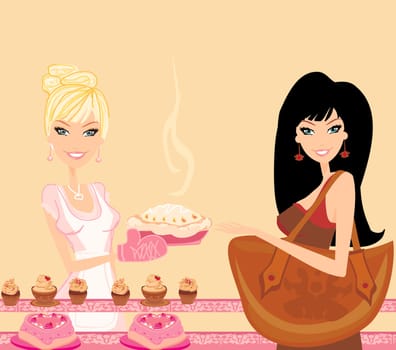 illustration of a woman buying cake at a bakery store