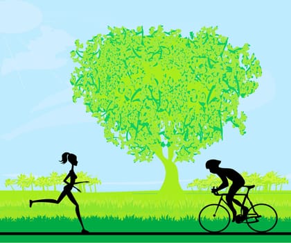 silhouette of marathon runner and cyclist race in the park