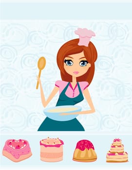 Beautiful lady cooking cakes in the kitchen