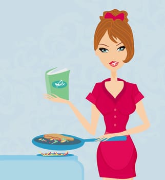 Beautiful lady cookinig with book in the kitchen