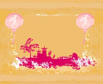 old paper with Asian Landscape and Chinese Lanterns - vintage japanese style background