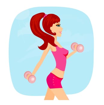 fit brunette woman exercising with two dumbbell weights on her hands