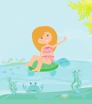 sweet happy little girl on the water