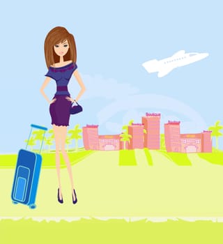beauty travel girl with baggage on airport