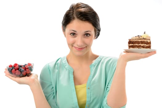 Concept of healthy nutrition woman posing as scale