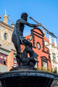 Neptune's fountain in the Old Town of Gdansk, Poland.