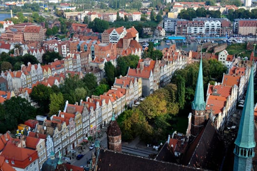 High angle view of the historic city of Gdansk, in Northern Poland.