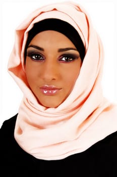 A young lovely teenager girl in a black jacket and a pink headscarf for white background, a portrait shoot.