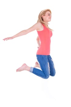 Young happy caucasian teenage girl jumping, isolated on white background  - Caucasian people