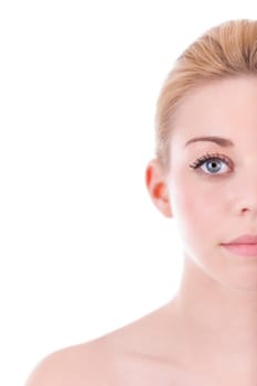 portrait of half face of beautiful woman , isolated on white background - Caucasian people