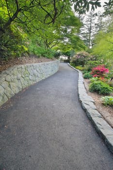 Walking Asphalt Path with Stone Retaining Wall at Crystal Springs Rhododendron Garden