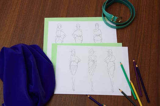 the collection of fashion drawings on clothes with colored pencils