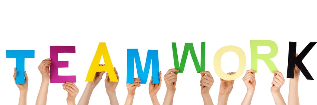 many hands hold the word TEAMWORK, isolated