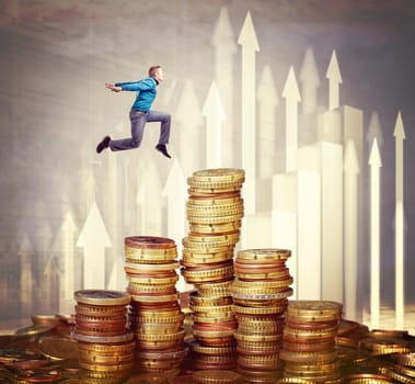 man jump over euro money piles