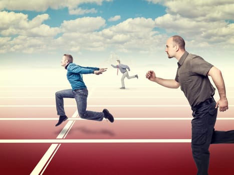 people runnning and blu sky background