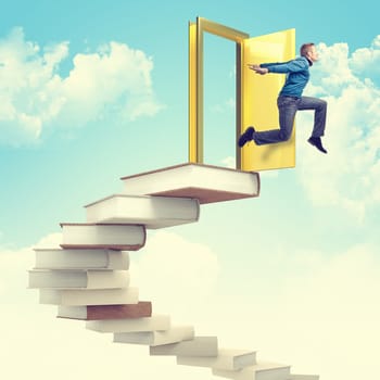 man jump from 3d books stair